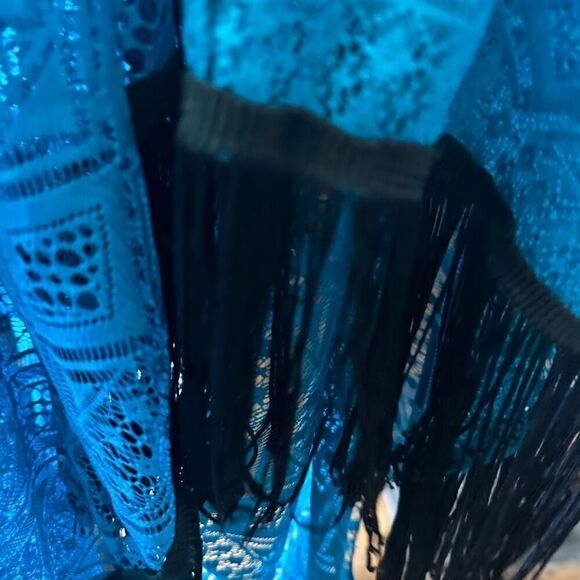 LuLaRoe L Lacy lagenlook Monroe teal & black fringe kimono - Picture 4 of 4